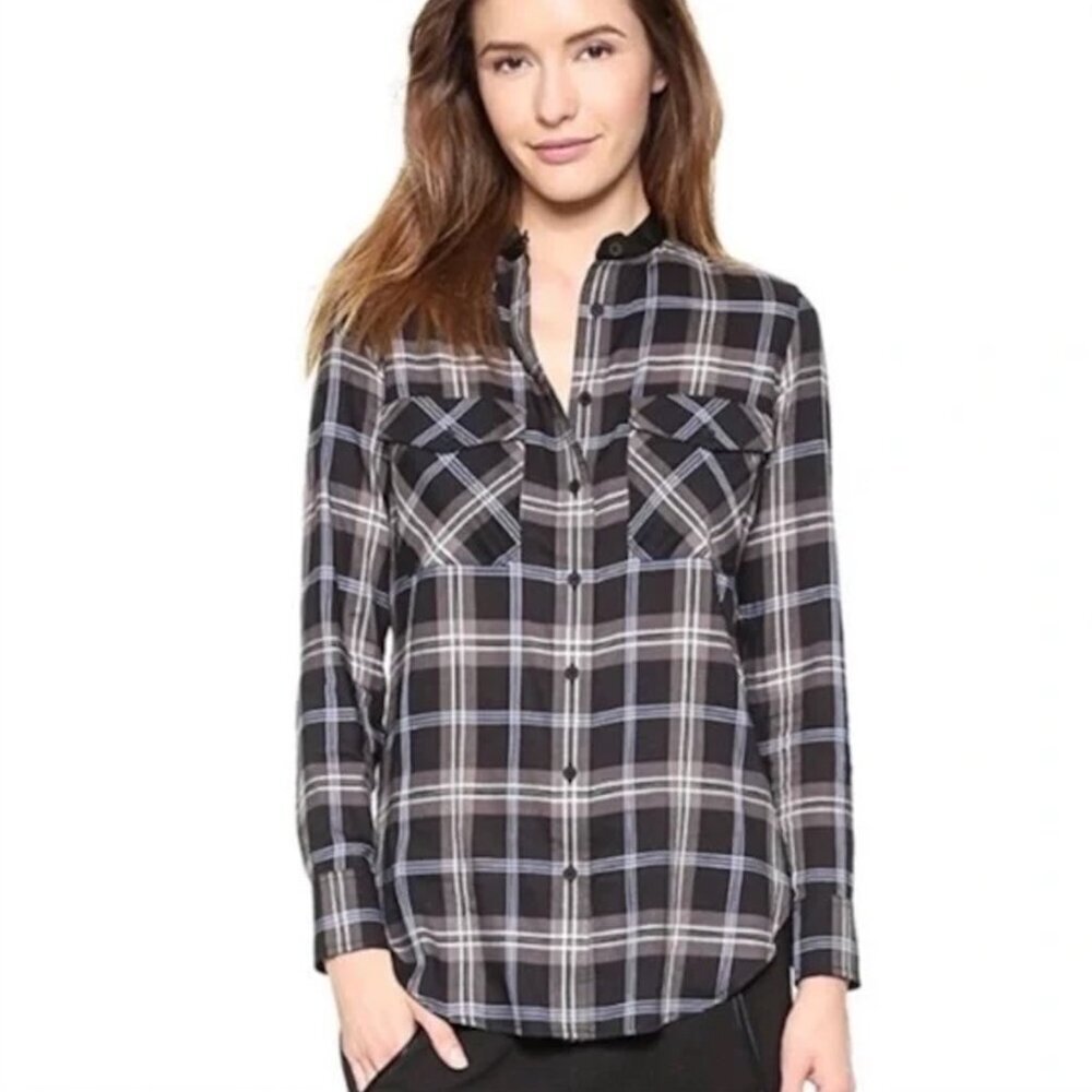 VINCE Lamb Leather Trim Plaid Button Down Long Sleeve Shirt Black Gray